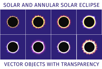 Wall Mural - Total and annular solar eclipse. Set of different eclipses with transparency on a dark blue background. Vector illustration