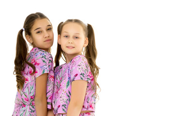 Two cute little girls close-up.Isolated on white background.