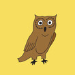 Vector hand drawn illustration in cartoon style of brown owl on yellow background. Kids room wall poster design element for animation school education concept