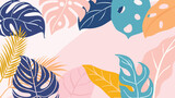 Fototapeta  - Abstract background vector with tropical leaves  and floral line arts. Creative pattern with hand drawn shapes. Design background for social media post, cover, print and wallpaper