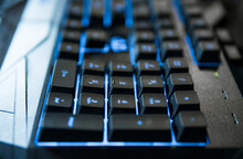 Gamer Keyboard With Colorful Blue Lights, Modern Gamer Computer. Blue Backlight, Backlit On Laptop Or Keyborad Computer Of Gaming.