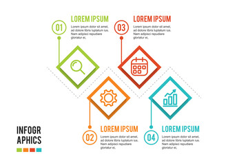 Wall Mural - colorful timeline infographic with 4 options design template, Infographics management, finance, analytics, presentation. Vector illustration