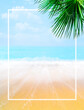Summer holiday travel background design. Sand and sea landscape with palm tree.