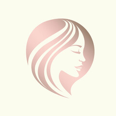 Wall Mural - Hair salon and beauty studio logo.Beautiful woman portrait.Elegant hairstyle and makeup.Profile view face.Rose gold color.