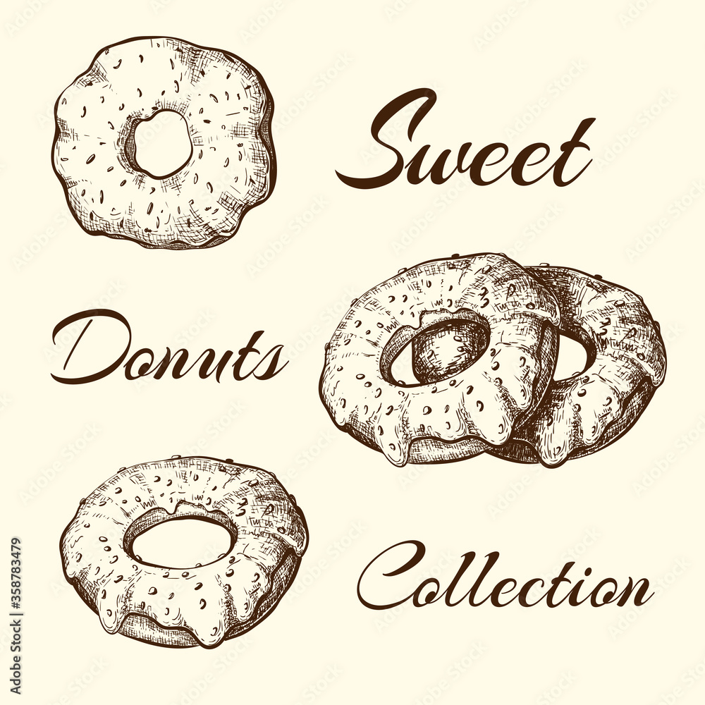 Hand drawn set of tasty sweet donuts isolated. vector Sketch in vintage ...