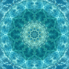 Abstract Background Of Pattern Of Kaleidoscope. White Blue Turquoise Background Fractal Mandala. Kaleidoscopic Arabesque