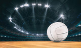 Magnificent volleyball arena with a volleyball ball on a wooden floor with spectators in the grandstand. Professional world sport 3D illustration background.