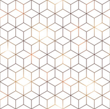 White Cube With Golden Lines Seamless Pattern. Abstract Geometry Hexagonal Grid Background. Vector Illustration
