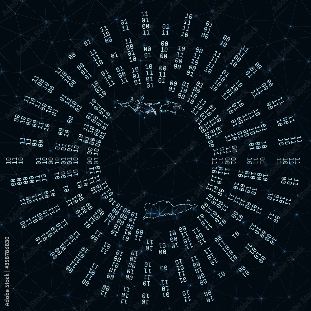 Connectivity Radiating Map Virgin Islands digital map. Binary rays radiating around glowing island ...