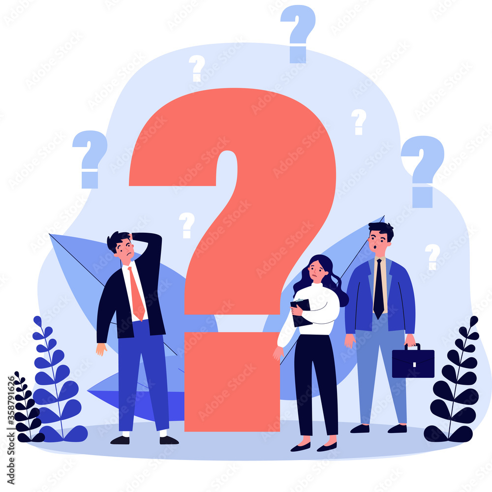 Quickly Inform Problem Cartoon Confused businesspeople asking questions. Puzzled cartoon characters ...