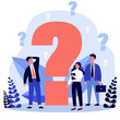 © Bro Vector - Confused businesspeople asking questions. Puzzled cartoon characters searching answers and problem solution near big question mark. illustration thinking, help, assistance, trouble for concept