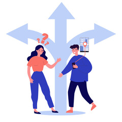 Wall Mural - young people choosing way and using gps. map, route, arrow flat vector illustration. direction and n