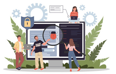 Wall Mural - debugging process flat illustration. people fixing bugs in hardware device. application development 