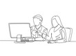 © Simple Line - Single continuous line drawing of two young serious male and female worker watching sales chart on computer screen. Sales growth business concept one line draw design graphic vector illustration