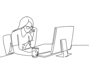 Poster - One single line drawing of young female businesswoman sitting and analyzing data chart on computer screen while hold a drink. Business analyze concept continuous line draw design vector illustration