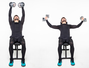 Wall Mural - Young fitness man is sitting on a weight bench working out with dumbbells isolated on white background. Fitness exercises with dumbbells concept.