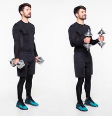 Young fir man doing exercises with dumbbells over white background. Fitness exercises with dumbbells concept.