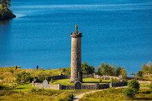 Glenfinnan Monument And Loch Shiel Lake Spring Landscape, Highlands Of Scotland, United Kingdom.