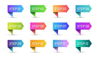 Sticker - Colorful ribbons bullet points set. Bright gradient arrow icon set of step 1 to 12 