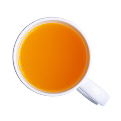 Canvas Print - White cup with orange sweet water juice on white background isolation, top view