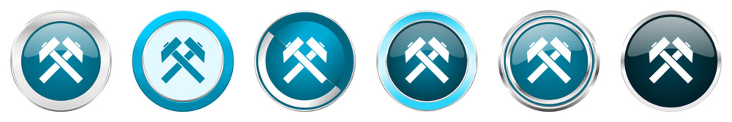 Leinwandbilder - Mining silver metallic chrome border icons in 6 options, set of web blue round buttons isolated on white background