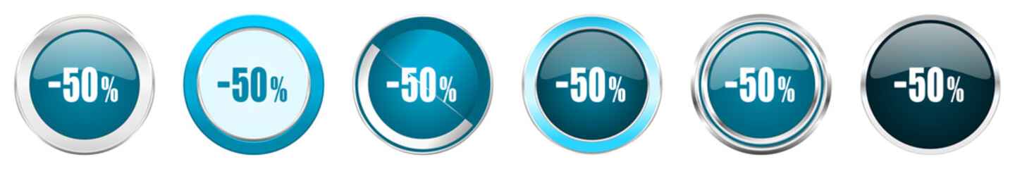 Leinwandbilder - 50 percent sale retail silver metallic chrome border icons in 6 options, set of web blue round buttons isolated on white background