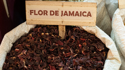 Cordoba, Colombia. February 15, 2020: Detail of jamaica flower seed at the Lorica Public Market