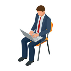 Isometric businessman isolated on write. Creating an office worker character, cartoon people. Businessman Working at the laptop. Man looking at the laptop screen.