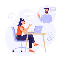 Wall Mural - Customer service or call center concept. Woman operator with headset consulting a client. Online technical support 24/7. Vector business illustration for presentation, poster, social media etc.