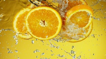 Aufkleber - Super slow motion of orange slices collision with water splashes. Filmed on high speed cinema camera, 1000 fps.