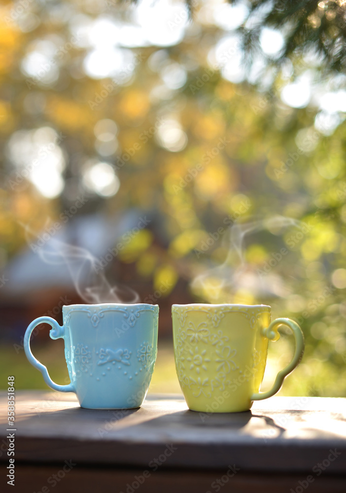 Photo Stock Healthy herbal tea. Beautiful coffee Cup with the steam,  background of nature and the warm light. Two cups coffee Cup on autumn  background. | Adobe Stock