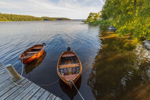 Close Up View Of Two Parked Wooden Boats. Beautiful Nature Backgrounds. 