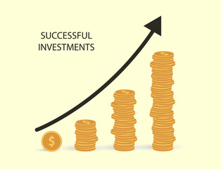 Mountains of money with up arrow in a flat style. Increase money. Increase in earnings. Successful business.