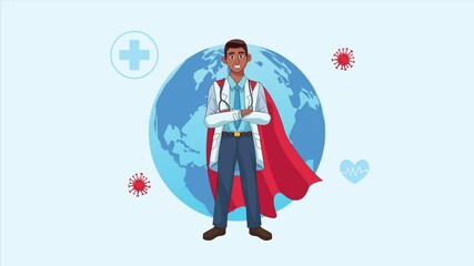 Wall Mural - heroic super afro doctor with earth planet character animated