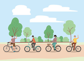 Poster - Boys with masks on cycles at park design of medical care and covid 19 virus theme Vector illustration