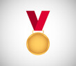 Gold medal with a red ribbon. Reward. Flat style. Medal for first place.