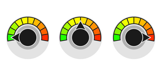 Speed ​​meter. Three positions. Round temperature sensor. Color measuring dial in flat style. Template of a circular barometer or indicator.