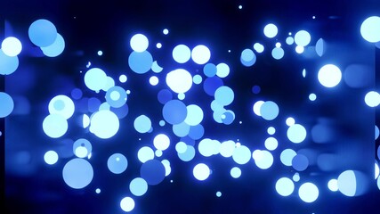 Wall Mural - glowing blue balls light and fly in shiny room. 4k abstract 3d background of luminous spheres in dar