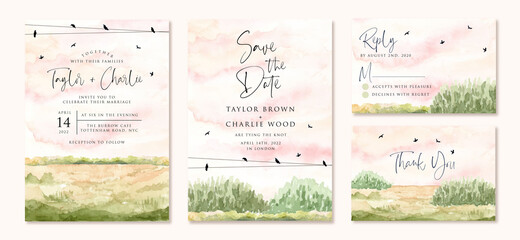 Wall Mural - wedding invitation set with green field watercolor landscape