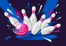 Vector Illustration Of A Bowling Ball And Pins, A Bowling Strike, A Flying Bowling Ball