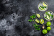 Mojito cocktail, Refreshing mint with rum and lime, cold drink or beverage. Black background. Top view. Copy space