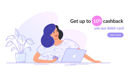 Wall Mural - Happy smiling woman sitting with laptop and holding a bank card. Flat modern vector illustration of people who use debit card and get cashback for shopping. Female consumer with credit card on white