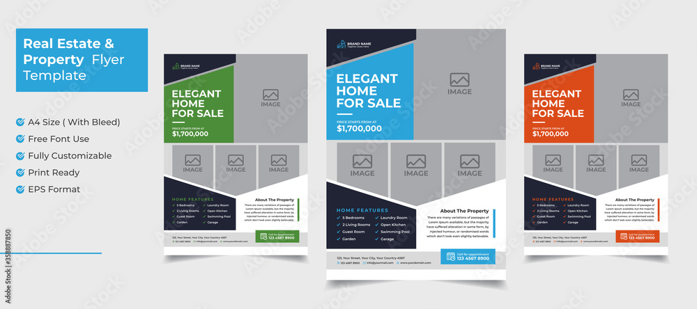 Creative and clean real estate flyer for real estate and property  business  with 3 color variation template - obrazy, fototapety, plakaty 