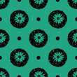 Seamless geometrical floral pattern with silhouettes of Mexican Lophophora cactus (Peyote) and abstract polka dots.
