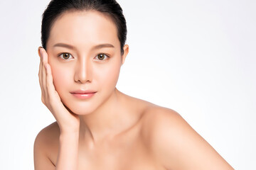 Wall Mural - Beautiful Young asian Woman touching her clean face with fresh Healthy Skin, isolated on white background, Beauty Cosmetics and Facial treatment Concept