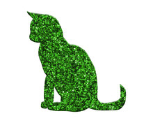 Cat Green Glitter On White Background, Kitten Pet Animal Illustration