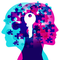 Wall Mural - A Male and Female side silhouette profile overlaid with various blending semi-transparent jigsaw shapes. Overlaid in the centre is a solid white key.