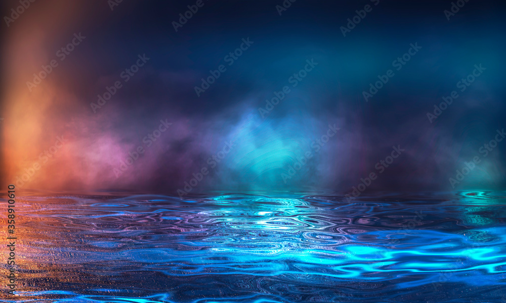 Night scene with reflection of neon light in the water. Liquid, puddles ...