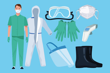 Wall Mural - doctor with biosafety equipment elements for covid19 protection