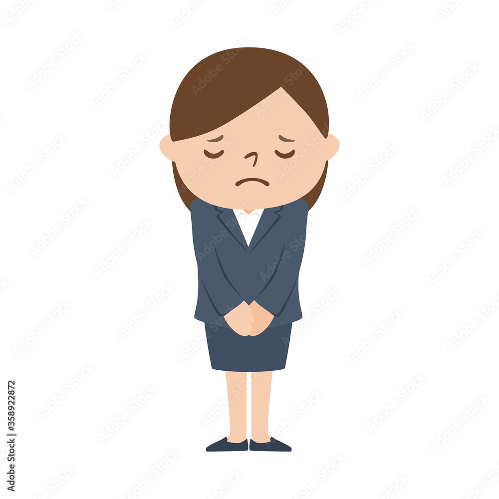 悲しい顔で謝罪のお辞儀をしてる若い女性のイラスト。 素材庫向量圖 | Adobe Stock, image size:1000x1000